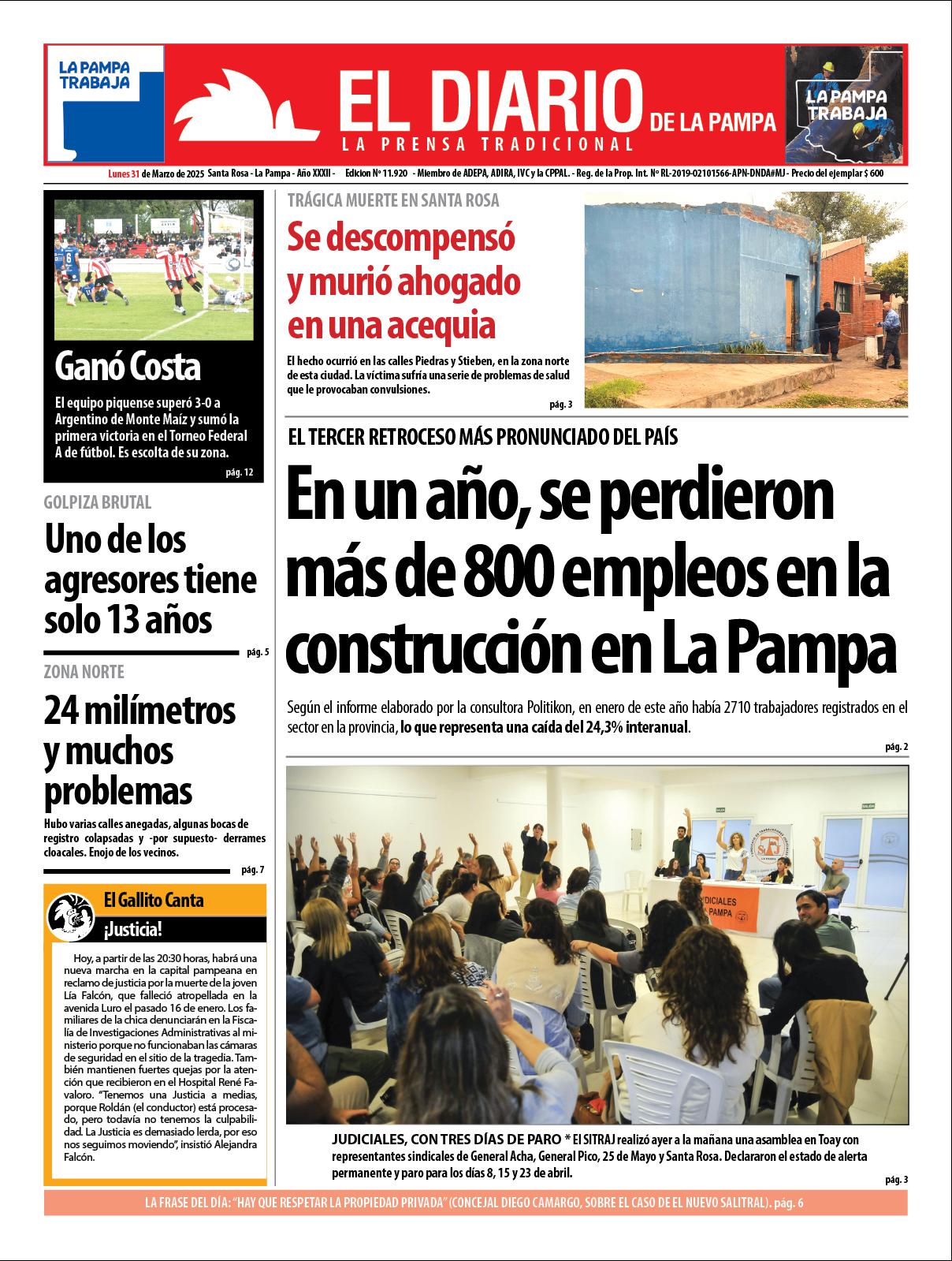 Tapa de El Diario en papel  lunes 31 de marzo de 2025